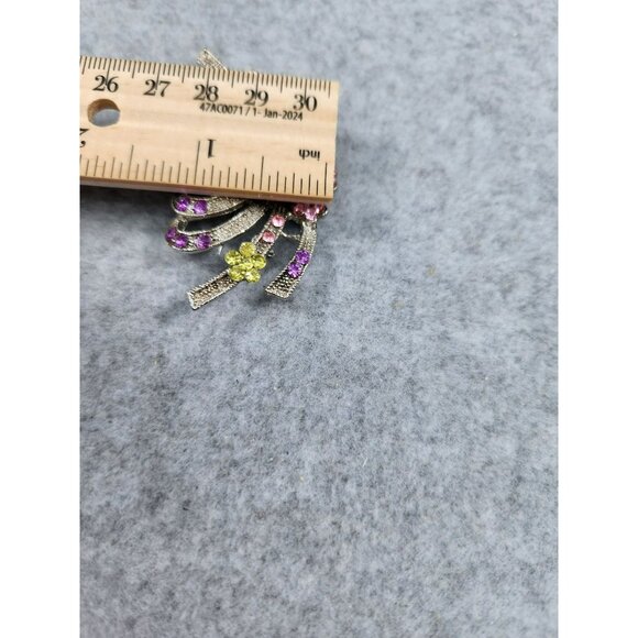 Vintage Rhinestone Floral Brooch Pin With Pink & Yellow Flowers - Picture 4 of 4